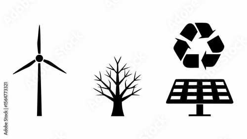 Illustration showing a wind turbine, bare tree, solar panel with recycle symbol, all in black and white