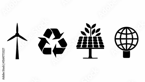 Illustration of renewable energy sources including wind turbine recycle solar panel and globe symbol