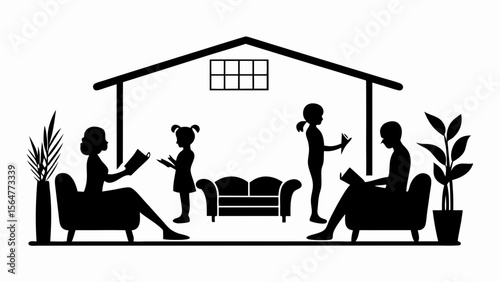 Silhouette of family members reading and writing inside a house with plants and furniture present here