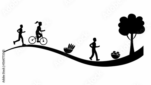 Silhouettes of people running, cycling, walking, with food bowls and a tree on a curvy path