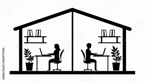 Illustration of two people working on laptops in separate rooms of a house with shelves and plants