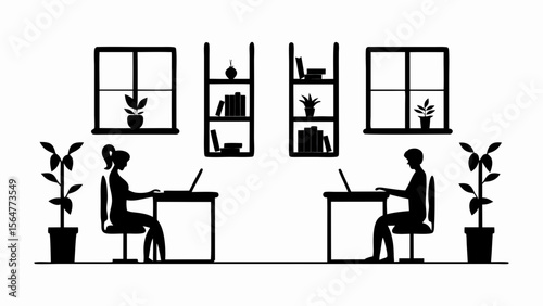 Silhouette illustration of two people working at desks in a room with plants and bookshelves near windows