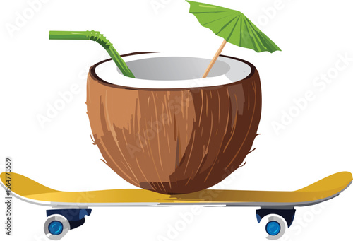 Playful Coconut Drink Riding a Skateboard with Cool Vibes