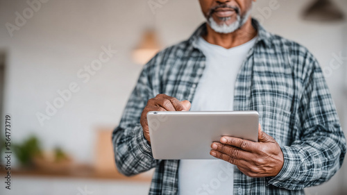 Senior Man Using Tablet in Cozy Indoor Setting