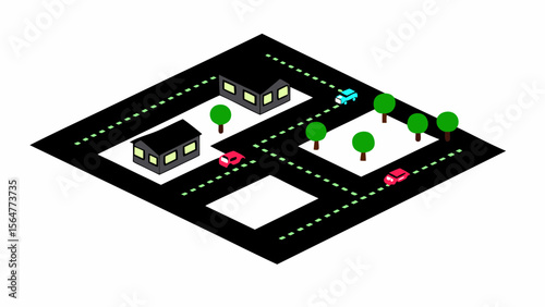 Isometric view of a small town with buildings trees and cars on roads with dashed lines for lane markings