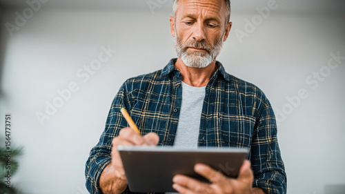 Mature Man Writing on Tablet in Modern Workspace