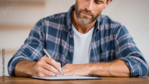 Man Writing in Notepad at a Wooden Table