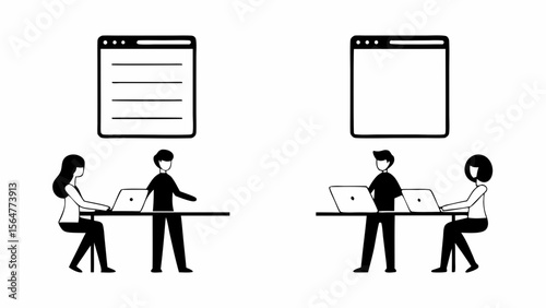 Illustration of people working at desks with laptops under browser window icons in black and white