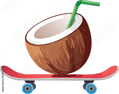 Playful Coconut Drink Riding a Skateboard with Cool Vibes