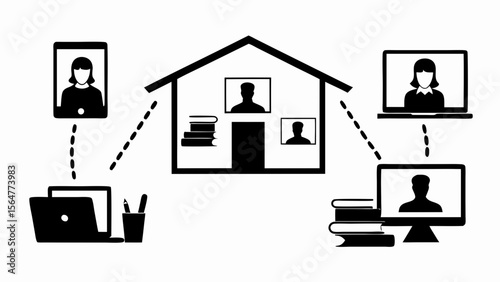 Illustration of remote communication setup with laptops, tablets, and a central house icon for connection
