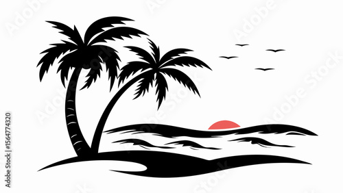 Silhouette of palm trees on a beach with a sunset and birds flying in the distance on a white background