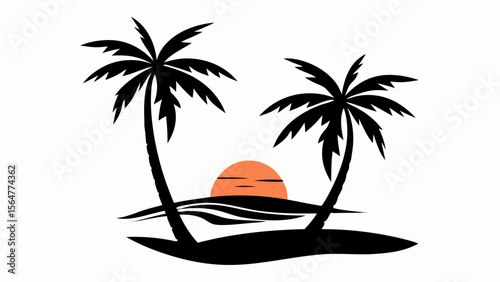 Silhouette of two palm trees framing a sunset over the ocean with an island in the foreground