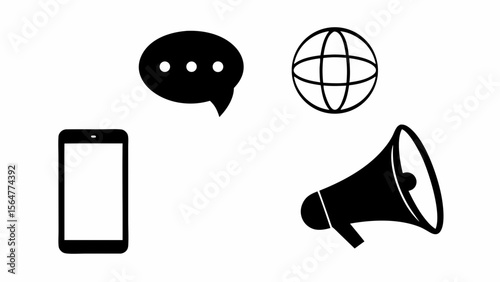 Illustration of a smartphone, speech bubble, globe, and megaphone in black and white vector style