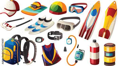 Illustration showcasing various water sports equipment including surfboards and wetsuits