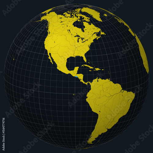El Salvador on Globe. Country view on the world map in Charcoal Bright Yellow color palette. El Salvador shape on map. Globe with meridians, parallels, countries, rivers and lakes.
