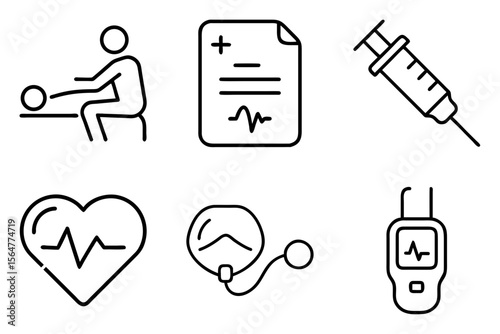 Health monitoring and medical care icons set in black outline style