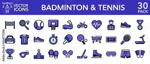 Badminton table tennis sport game equipment fitness vector line icons set