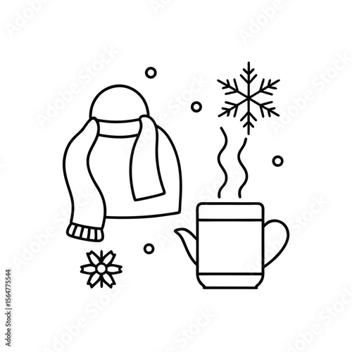 Winter comfort symbols depicting a warm beverage beside cozy apparel with floating snowflake elements line art