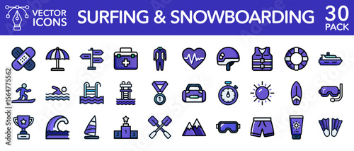 Surfing snowboarding water snow sports adventure vector line icons set