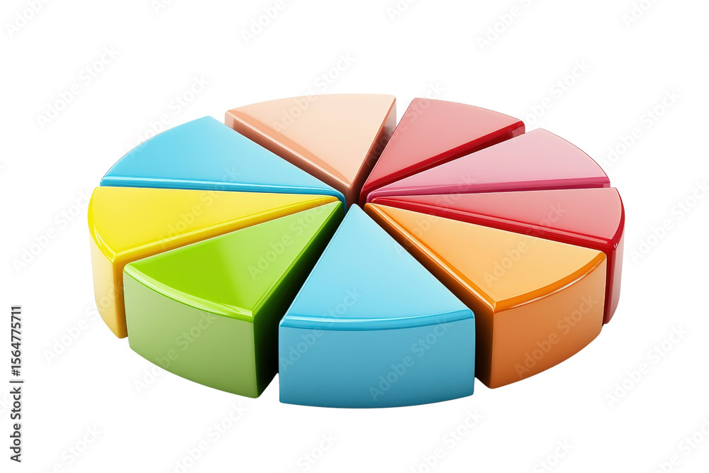Obraz premium A pie chart with colorful sections, background isolated on a Transparent background, PNG file.
