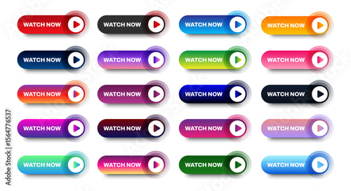 Watch now buttons icon design set. media player button icon ui, ux with different gradient color. vector