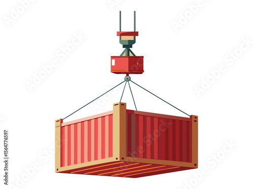 Red shipping container being lifted by a crane hook isolated on white background
