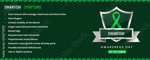 Dwarfism Awareness Day Poster with Symptoms, Green Ribbon, banner.