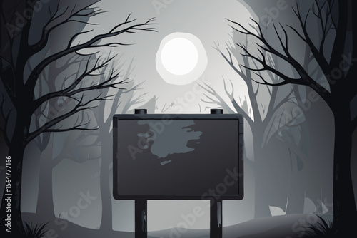 Spooky moon and tree forest landscape with a blank outdoor advertising billboard in the blue night sky