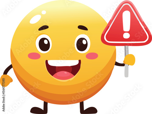 happy Emoji Holding a Bold Warning Sign with Caution