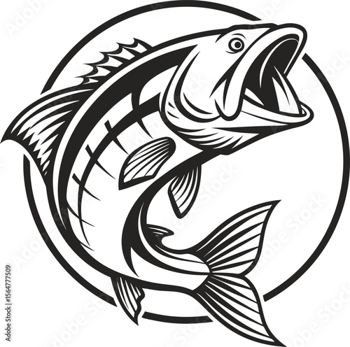 Black and White Largemouth Bass Leaping Illustration  Bold Stylized Fish in Dynamic Action Pose within Circular Frame