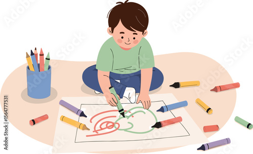 Happy Child Drawing Colorful Crayon Art on Paper