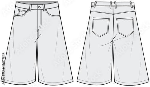 Denim Baggy Oversize Bermuda Short Front and Back Fashion Illustration, Vector, CAD, Technical Drawing, Flat Drawing, Template, Mockup.