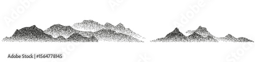 Noisy stippled grainy texture mountain landscape. Horizontal banner of abstract grain dotted glacier. Vector illustration black dotted particle terrain, stippling peak, icy rock or alpine silhouettes.