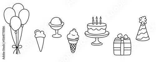 Birthday Party Decoration Element Set. Cake, sweet desserts Ice Cream, Hot Air Balloon, Gift Box. Outline Contour Drawing Style Minimalist Design. Birthday Greeting Party Symbol Sign Doodle Art