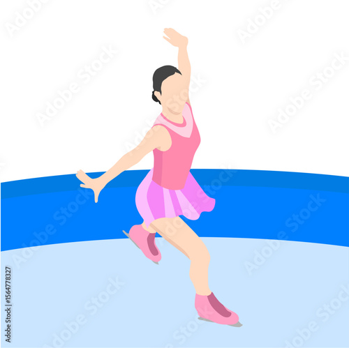 Illustration vector style Graceful woman ballerina Ice Skating dancer in pink dress jumping with joy