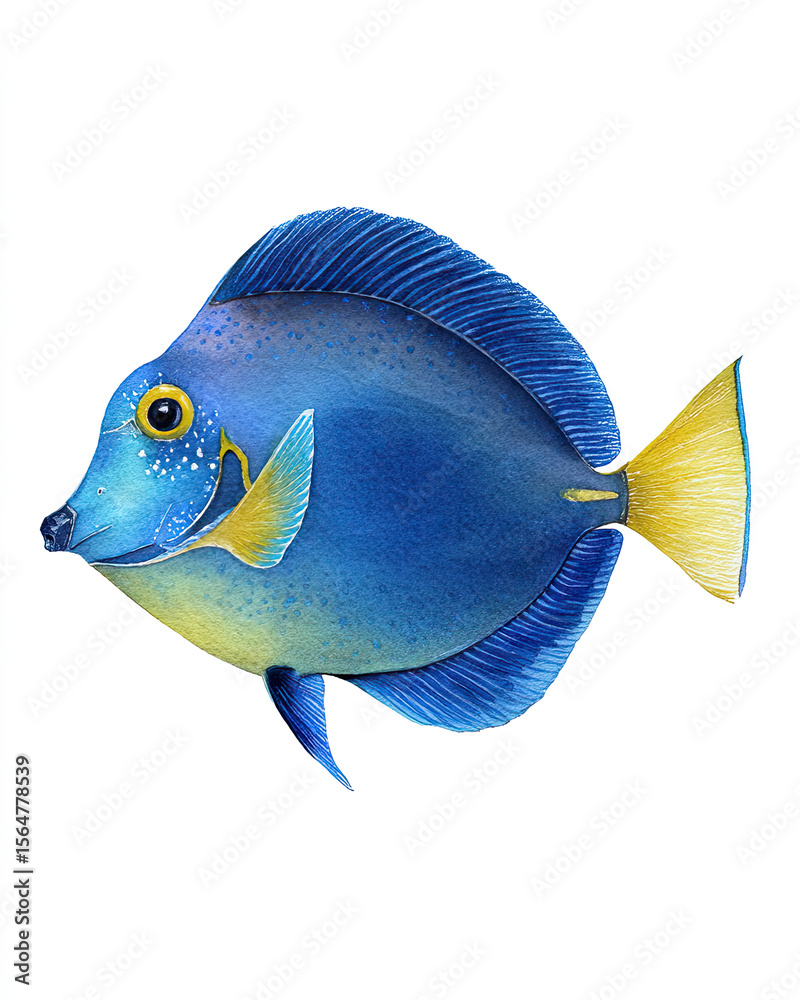 Naklejka premium blue tropical colorful fish watercolor illustration on white