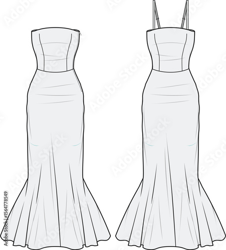 Tube Fishtail Dress, Bridal Gown Fashion Illustration, Vector, CAD, Technical Drawing, Flat Drawing, Template, Mockup.
