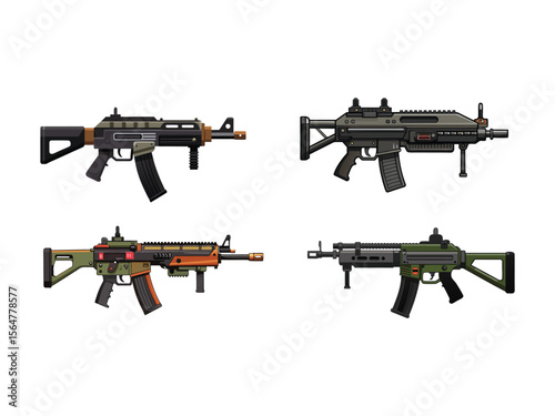 Collection of four modern assault rifles with detailed illustrations isolated on white background
