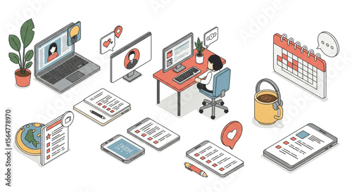 Person working remotely at a desk, surrounded by digital devices and planning tools.