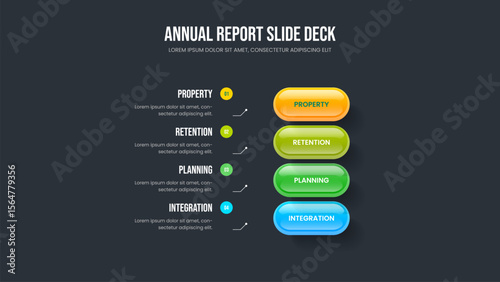 Visual Review Slideshow Design Vector Illustration. Corporate Innovation 4 Option Diagram Slide Template. Marketing Solution Four Element Infographic Frame Layout.