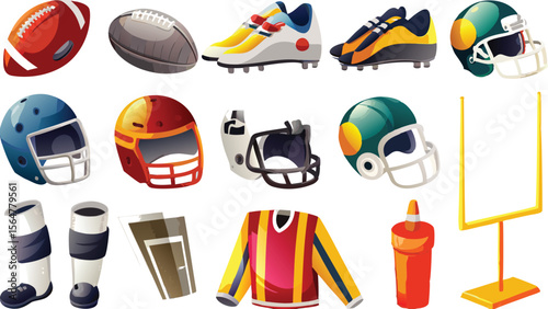 Illustration showcasing various american football equipment and accessories on a white backdrop