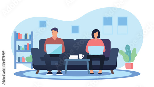 Illustration of two people working on laptops while sitting on a couch in a living room setting