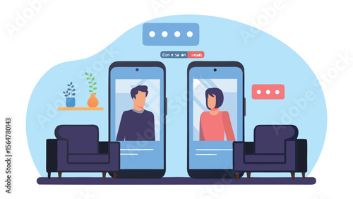 Illustration of two people video calling on their phones in a virtual meeting setting online call 100