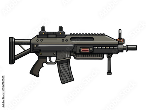 Modern assault rifle with bipod and scope mount isolated on white background
