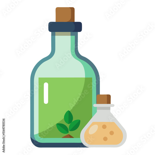 Glass bottle, vial closed by cap, cork. Jar with perfume, cologne water, oil, liquid natural remedy for treatment vector icon on white background.