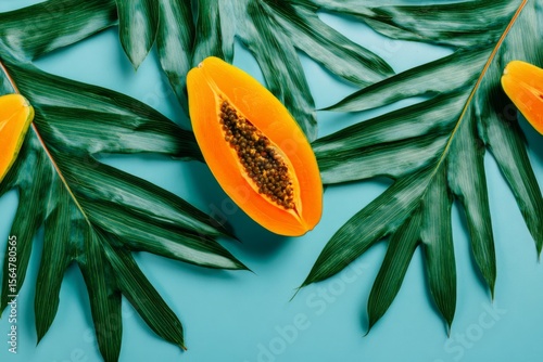 Wallpaper Mural Orange papaya with palm leaves on blue background Torontodigital.ca