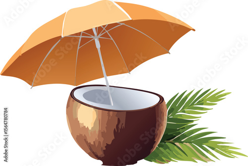 Tropical Umbrella Providing Shade to a Refreshing Coconut Drink
