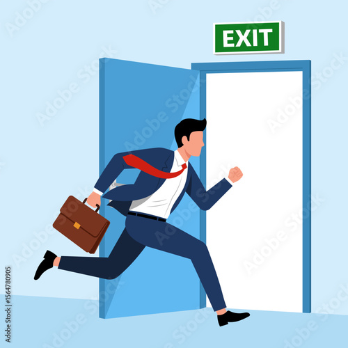 Illustration of a Businessman Running Towards Exit Door Freedom and New Opportunity
