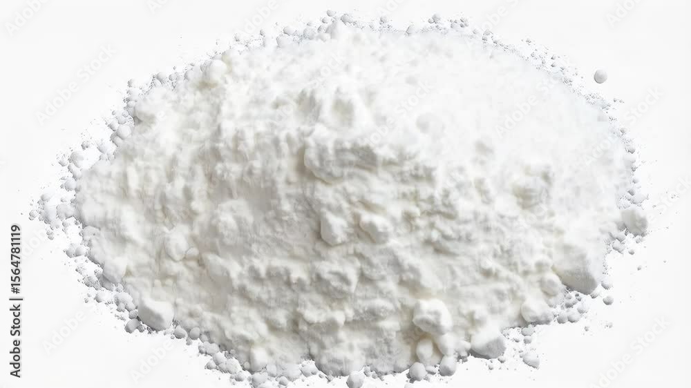 Isolated pile of powdery white substance resembling flour or pharmaceutical ingredient on a white background. Studio shot of white granules