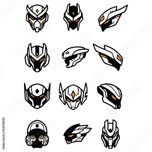 A set of futuristic motorsport helmet designs, perfect for a modern racing team logo or vehicle decal